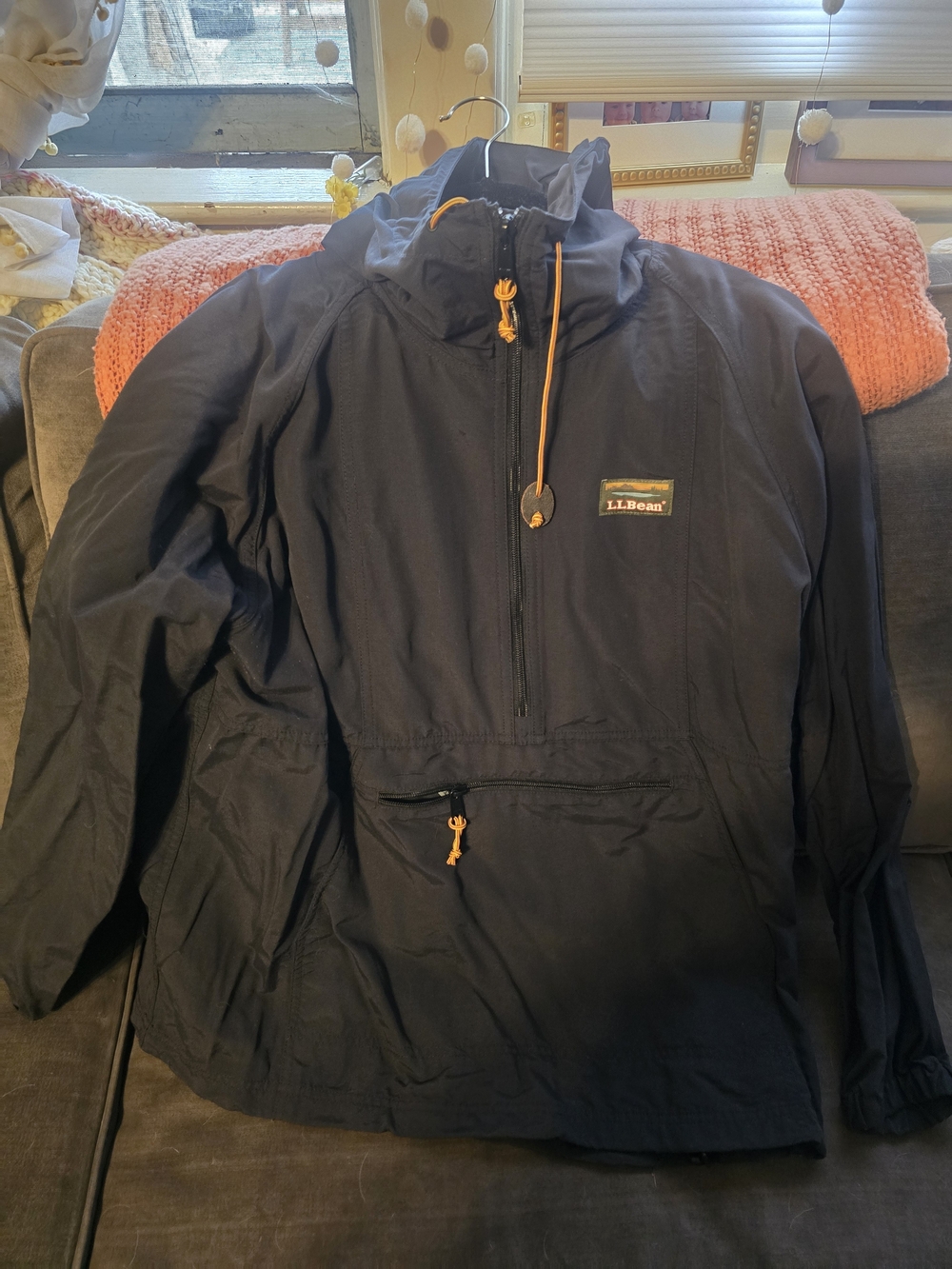 L.L. Bean Navy Windbreaker Pullover with Contrast Yellow Cord